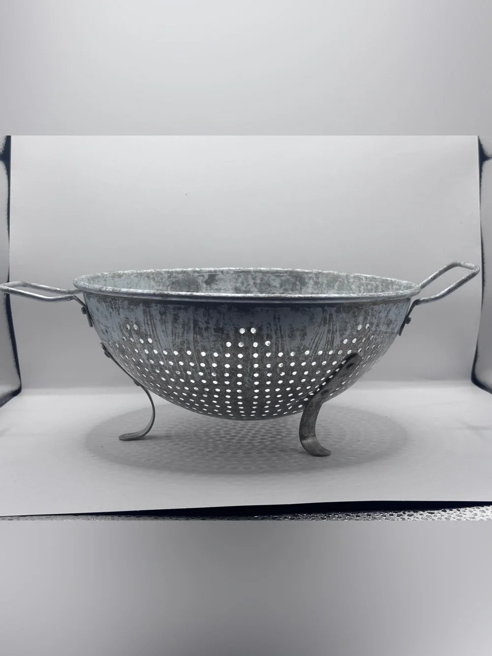Vintage Galvanized Metal Colander with Legs and Handles - Silver